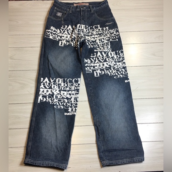 Rare Davoucci Hiphop Baggy Relaxed Loose Denim Jeans Logo All Over SZ 32X33 - Picture 1 of 11